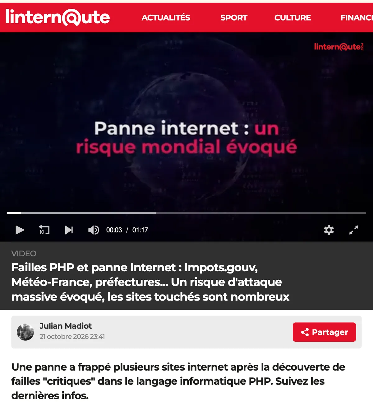 Article de L'Internaute sur la faille PHP